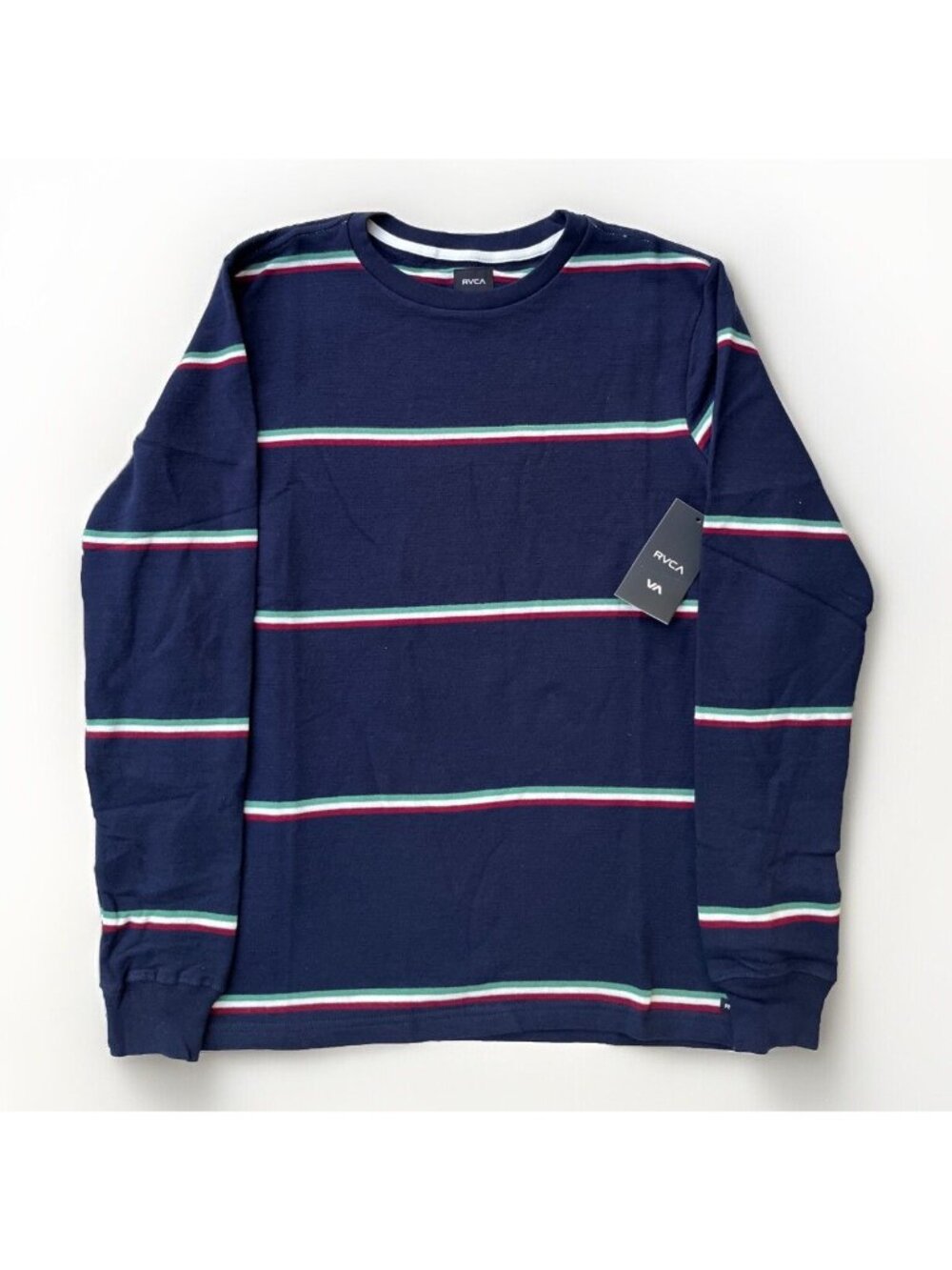 NEW RVCA Men's Navy Blue Eventide Stripe Long Sleeve Cotton Crewneck Sweater S